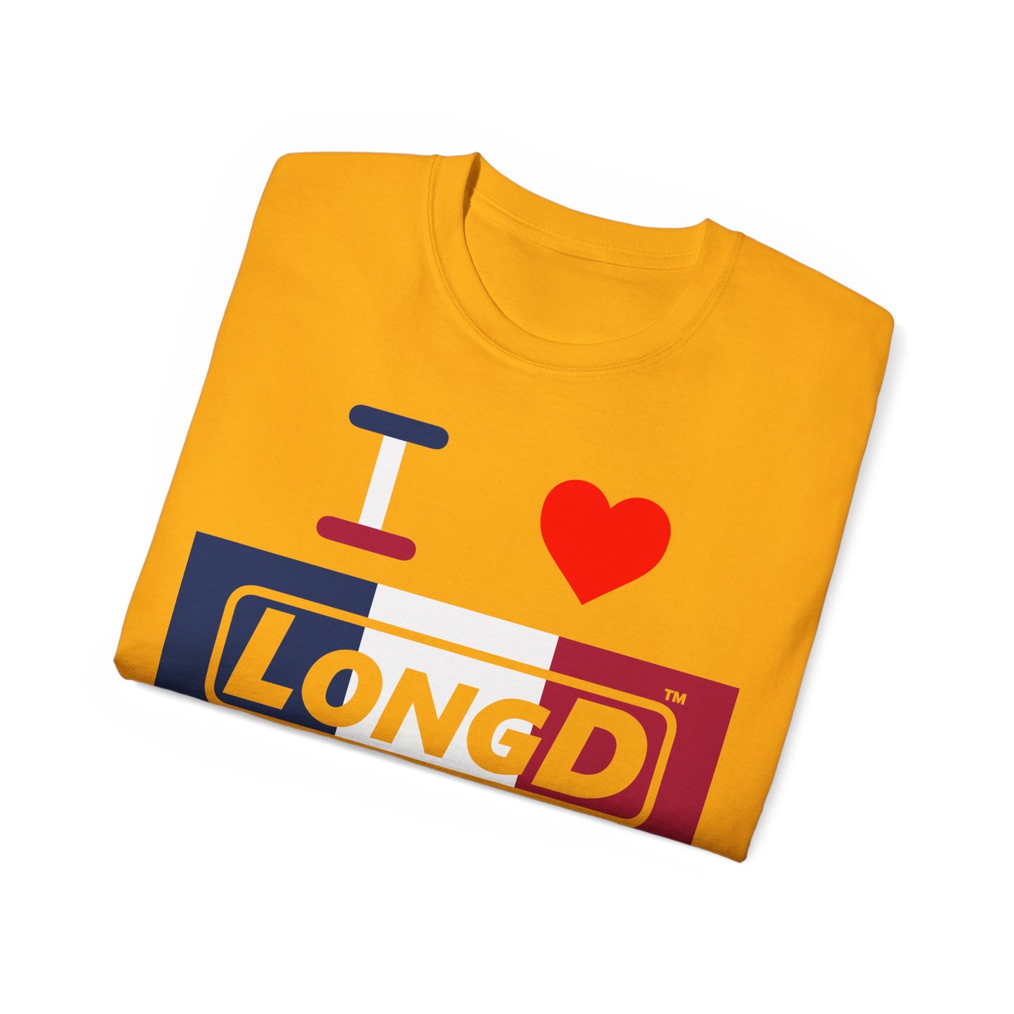 I Luv LongD® Logo Cotton Tee Blue, White and Red negative thirds text