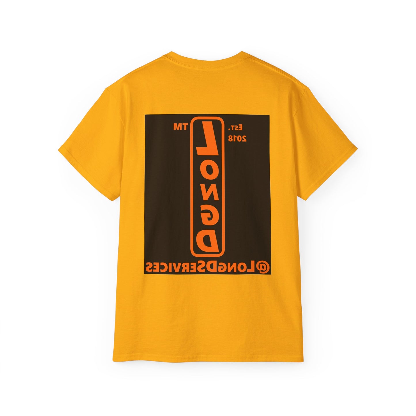 LongD Tag upright front-back logo orange (FE7518) on Black (000000) cotton tee