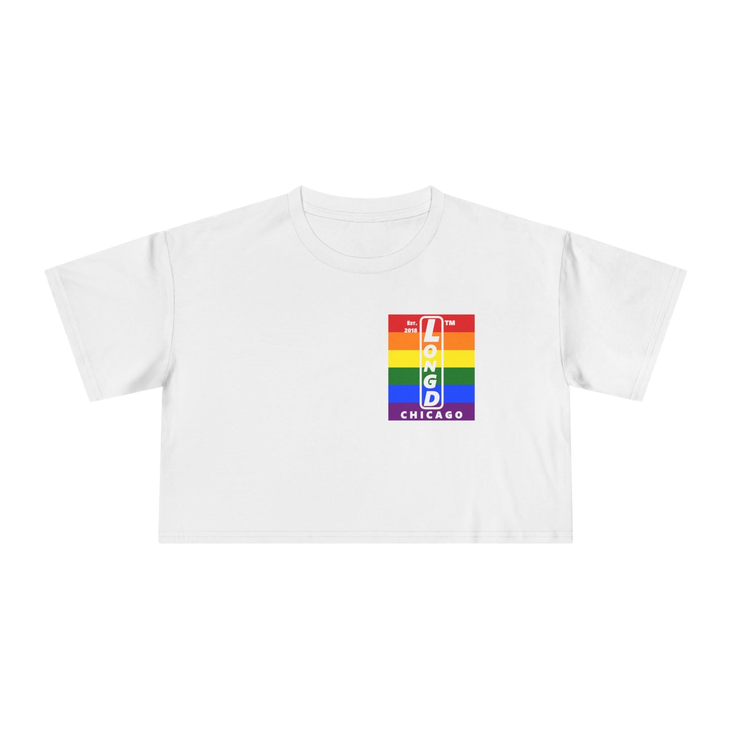 Negative horizontal 6-striped upright single-breasted Chicago logo crop tee (Pride colors)