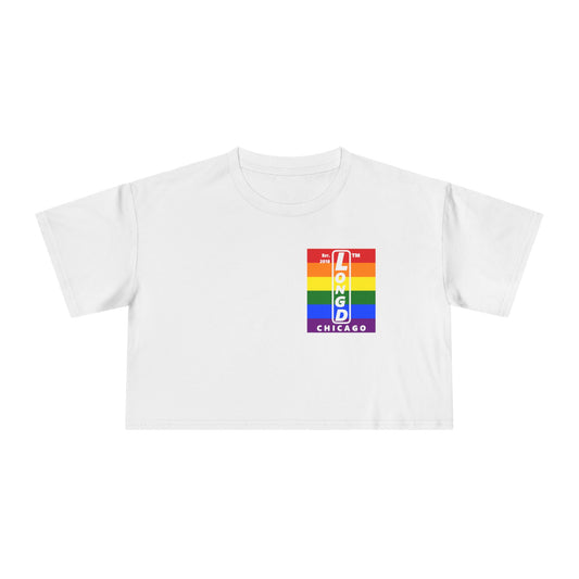 Negative horizontal 6-striped upright single-breasted Chicago logo crop tee (Pride colors)