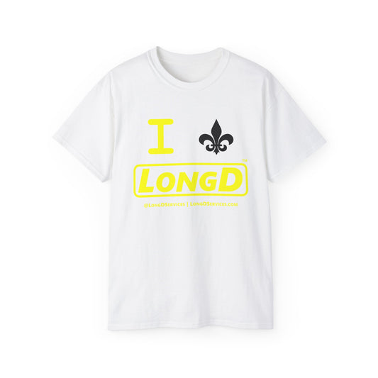 I Fleur LongD® Logo Cotton Tee (yellow text & black fleur de lis)