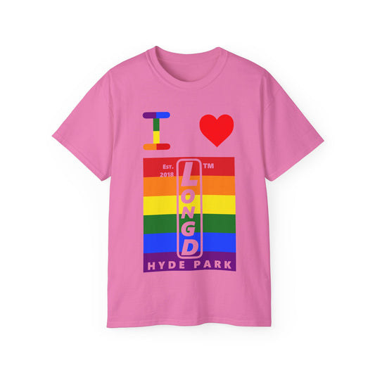 I Luv LongD Cotton Tee negative horizontal striped Hyde Park upright logo (Pride colors)