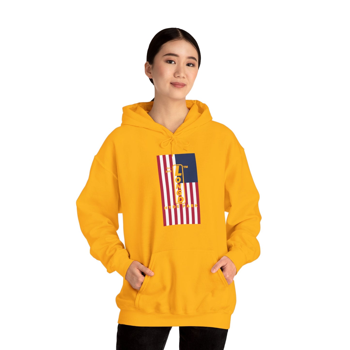 LongD® negative flag upright Hyde Park logo hoodie (Patriotic colors)