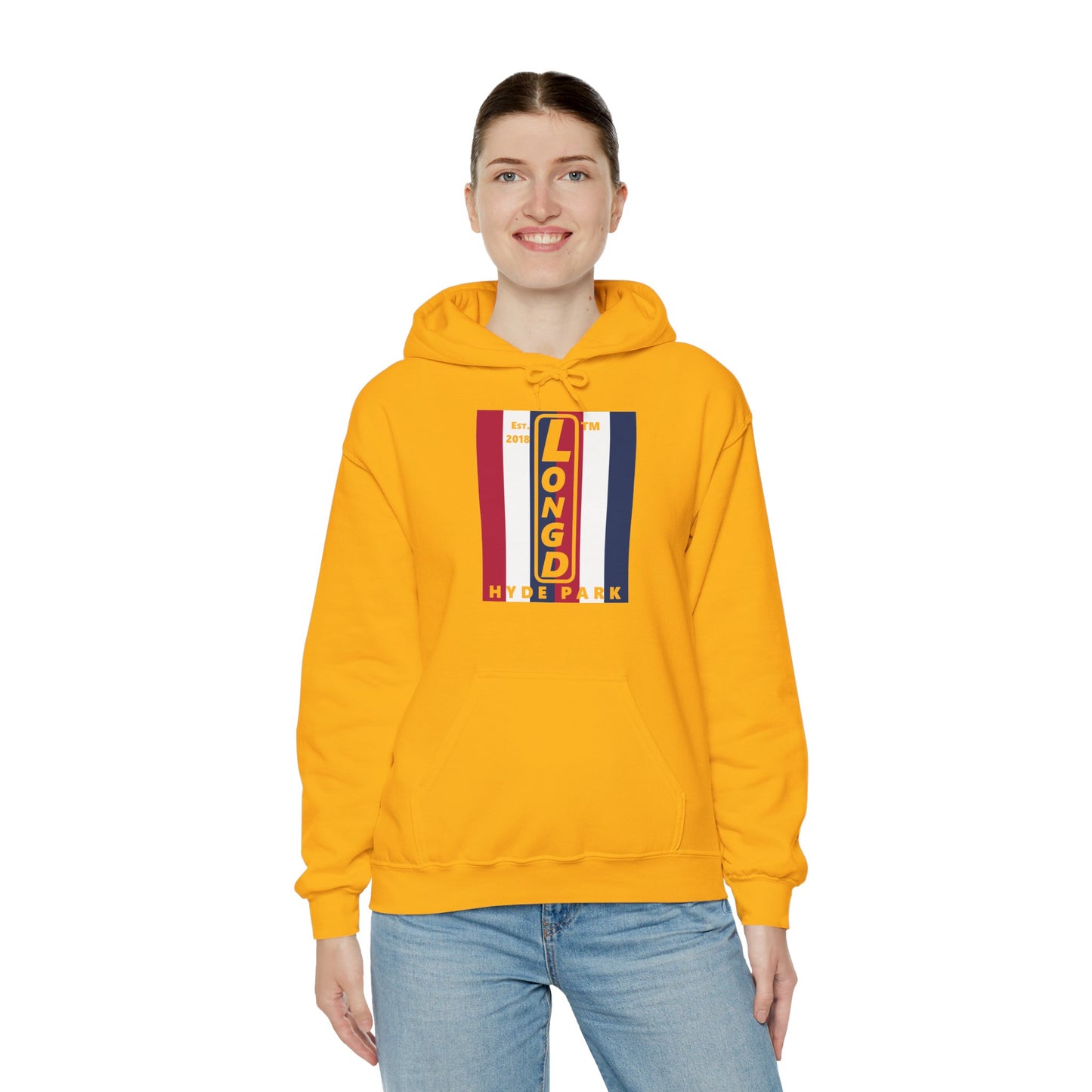 LongD® negative vertical 6-striped upright Hyde Park logo hoodie