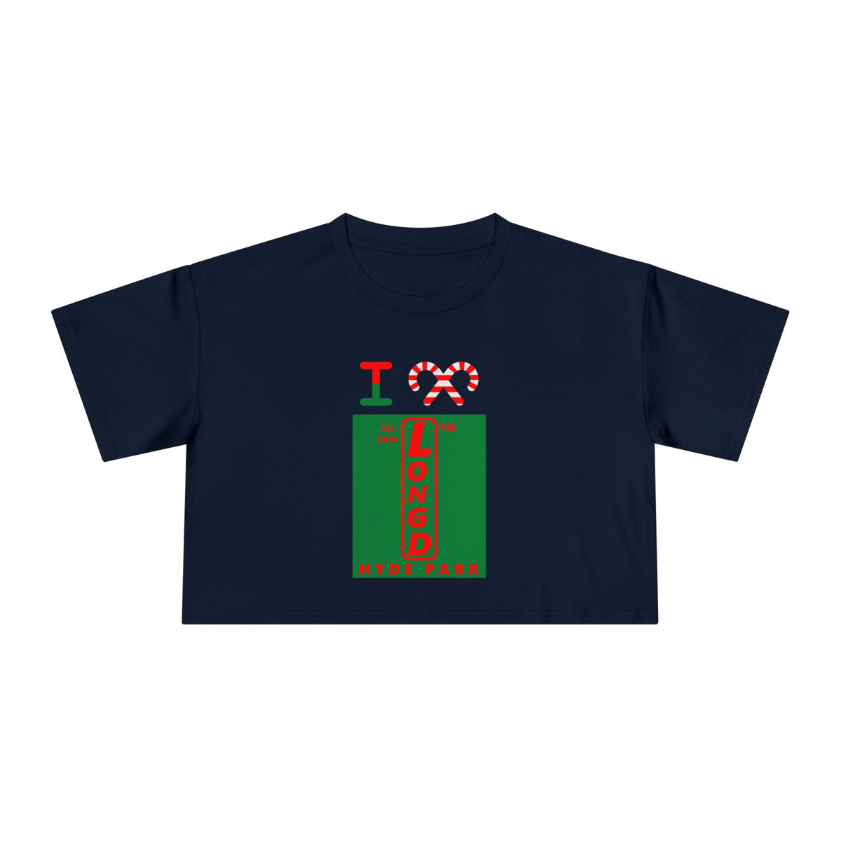 I candy cane LongD Hyde Park upright front-back logo positive red on negative green crop tee
