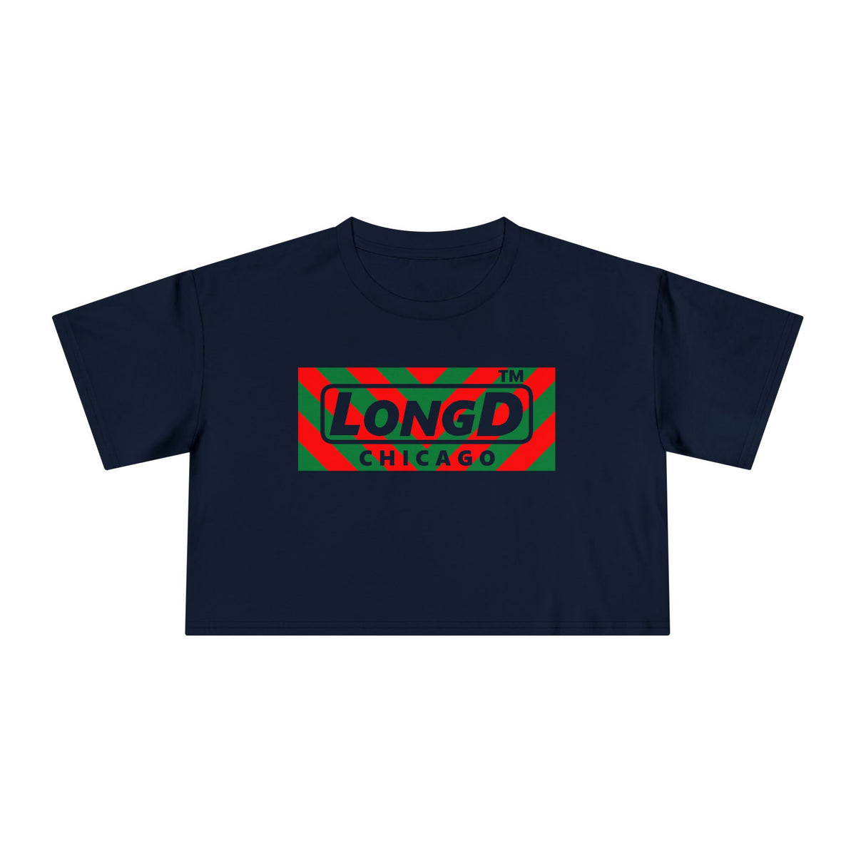 LongD Chicago negative downward chevron front-back logo (Xmas colors) crop tee