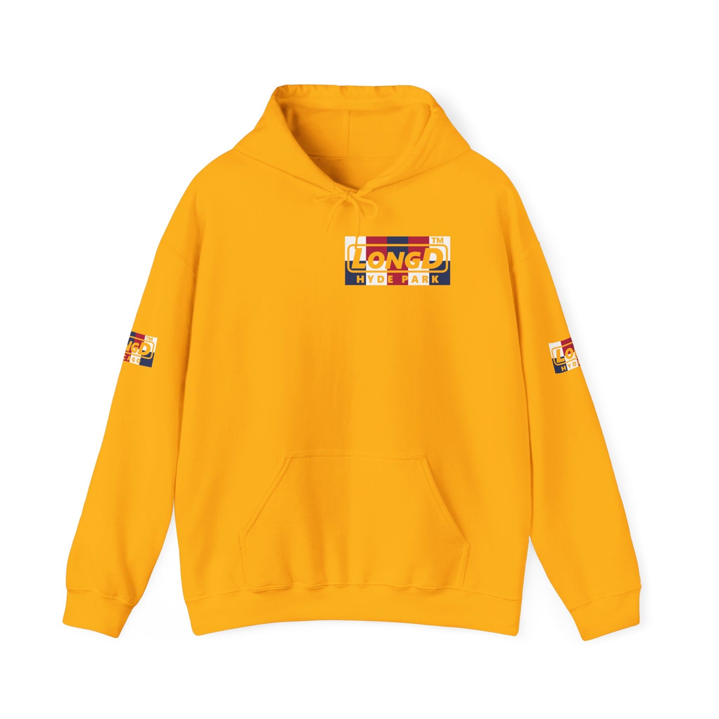LongD® negative 2x5 4-print single breasted Hyde Park logo hoodie (patriotic colors)