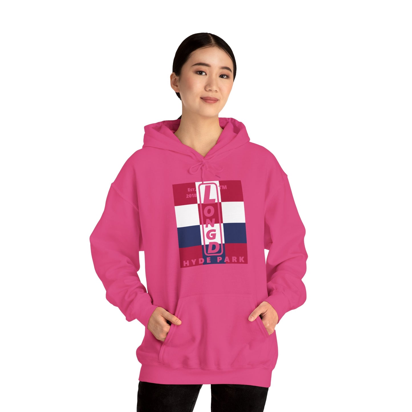 LongD® negative 4x3 upright Hyde Park logo hoodie (Patriotic colors)