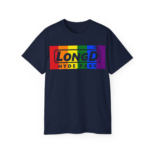 LongD negative vertical striped Hyde Park logo cotton tee (Pride colors)