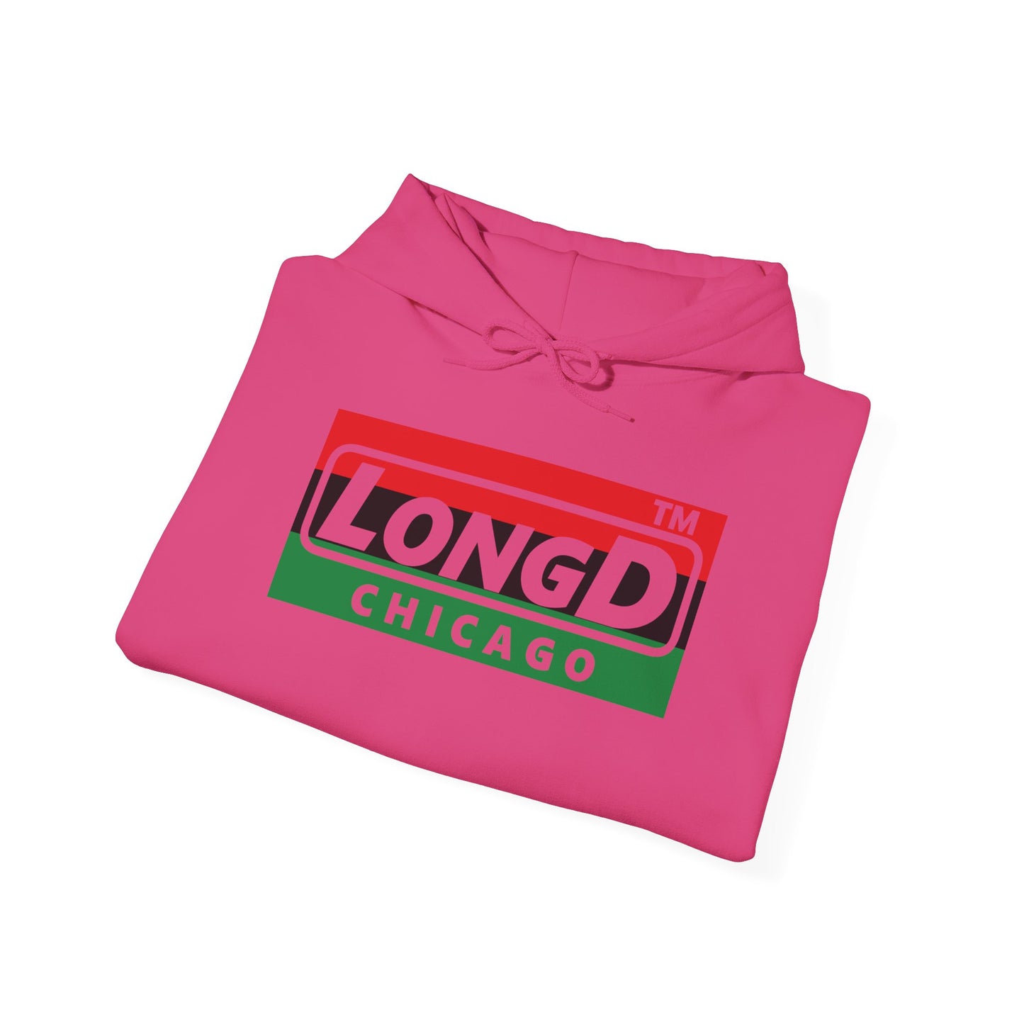 LongD® negative horizontal 3-striped Chicago logo Hoodie (Juneteenth colors)