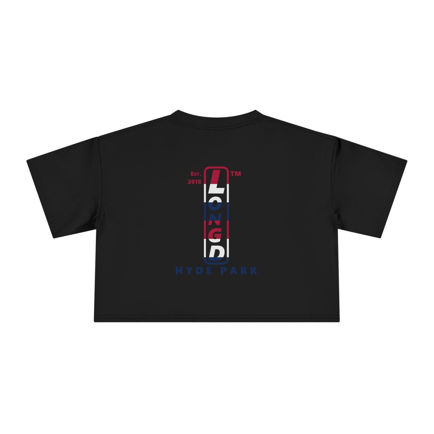 Positive horizontal 6-striped single-breasted upright front-back Hyde Park logo crop tee (Patriotic colors)