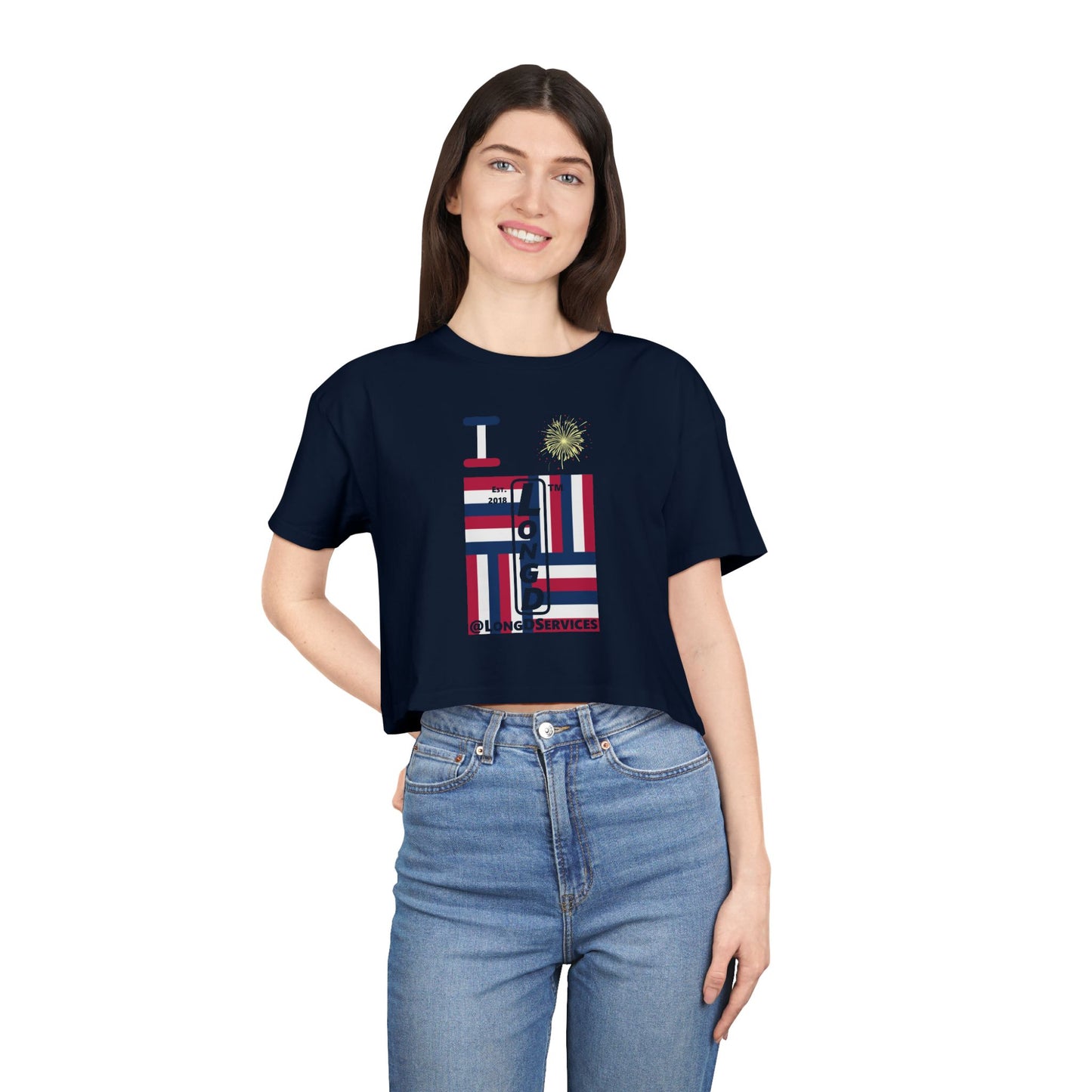 I burst LongD negative windmill upright front-reversed back tag logo crop tee