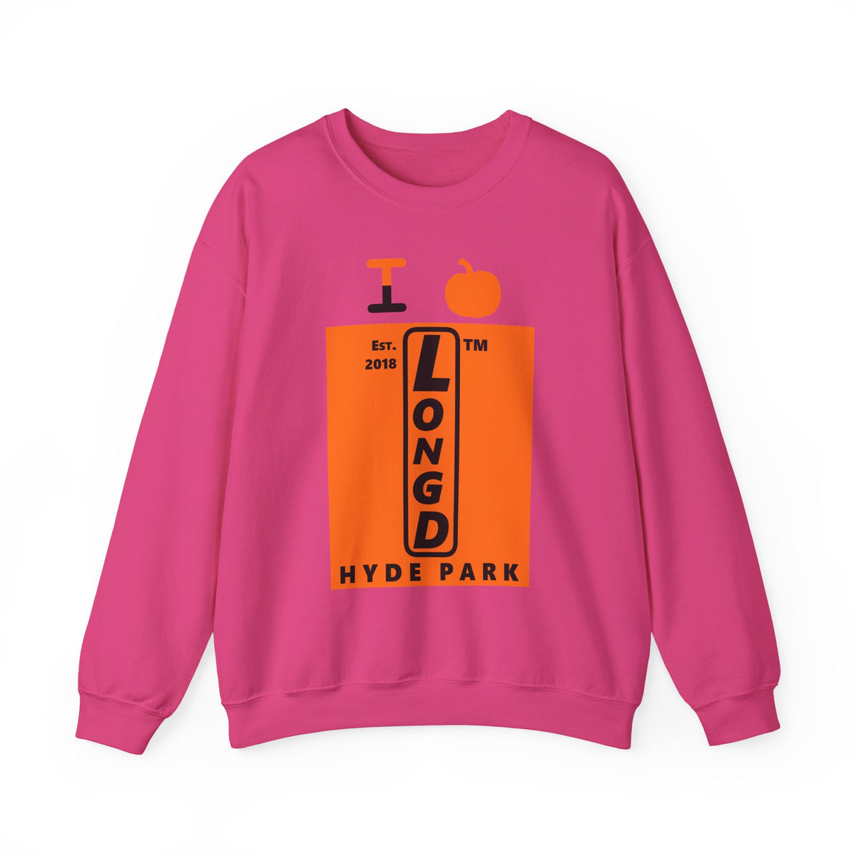 I pumpkin LongD Hyde Park upright logo positive black on negative orange crewneck sweatshirt