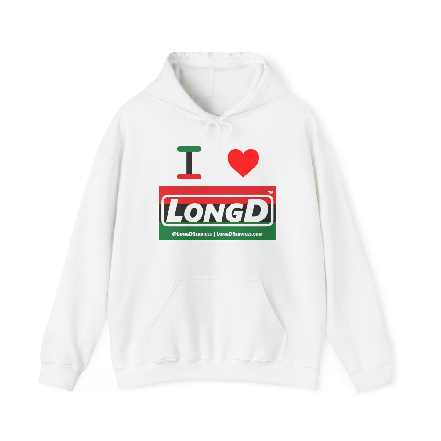 I Luv LongD® Logo Hoodie with Juneteenth striped negative text