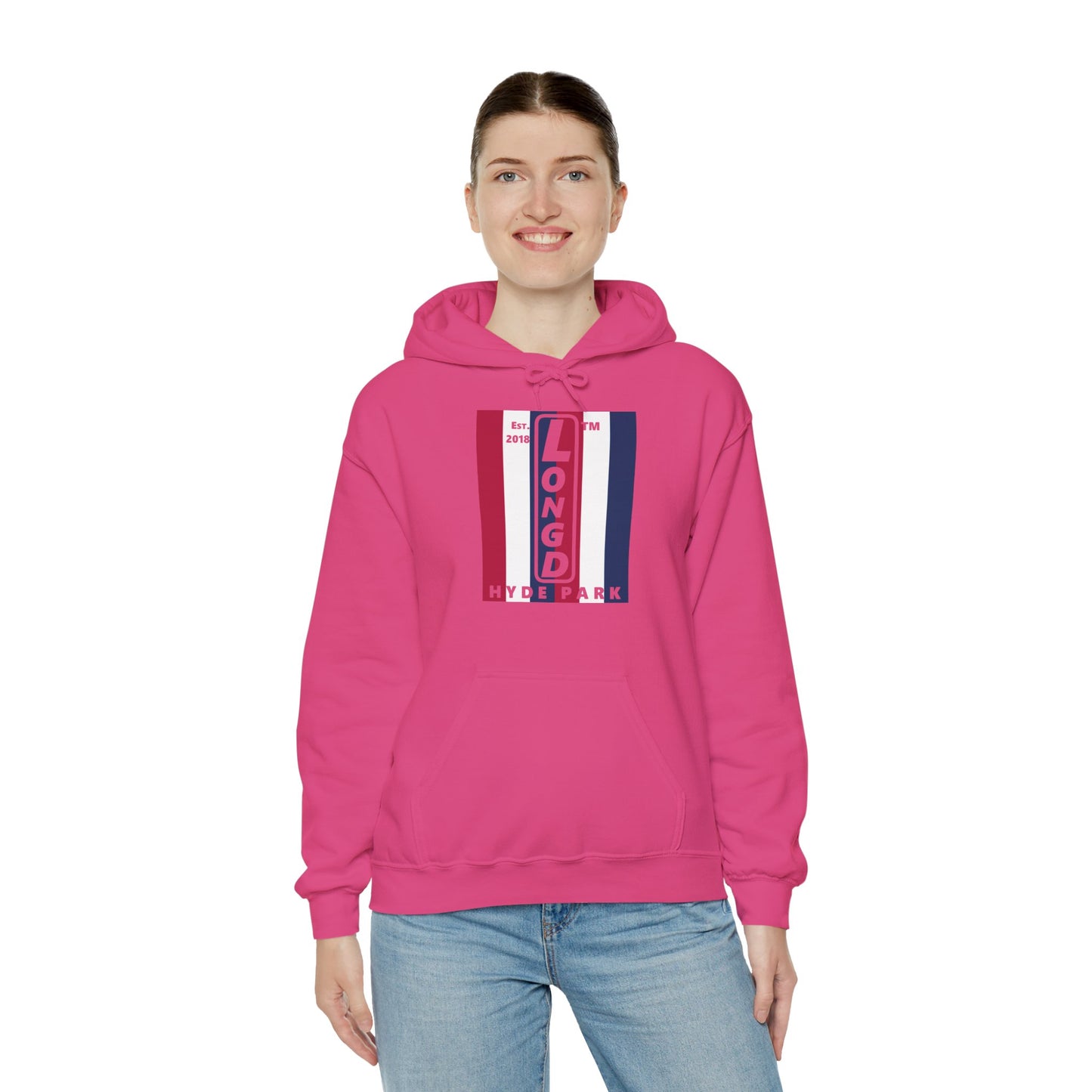 LongD® negative vertical 6-striped upright Hyde Park logo hoodie