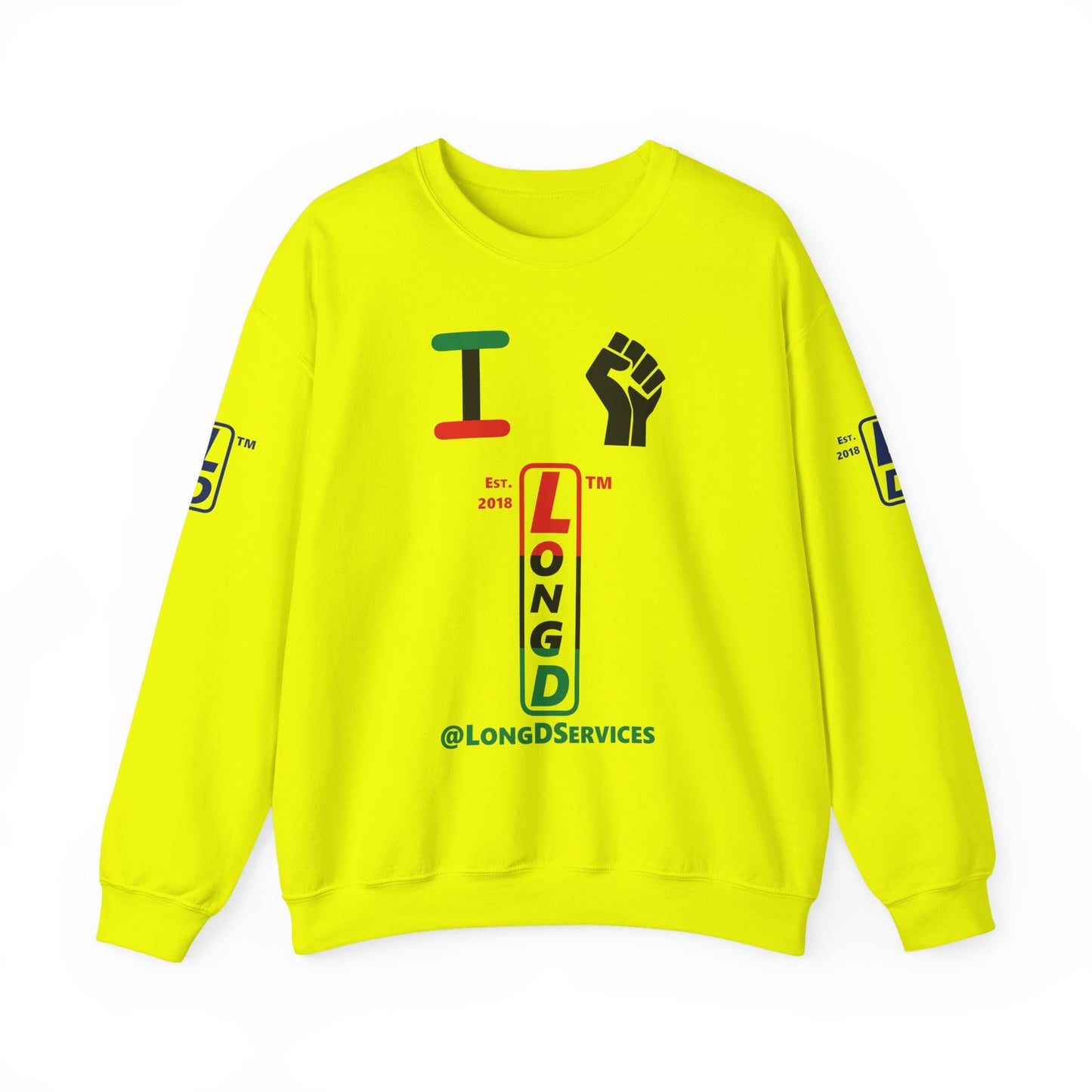 I Fist LongD positive horizontal 3-striped tag upright 4-print logo crewneck sweatshirt