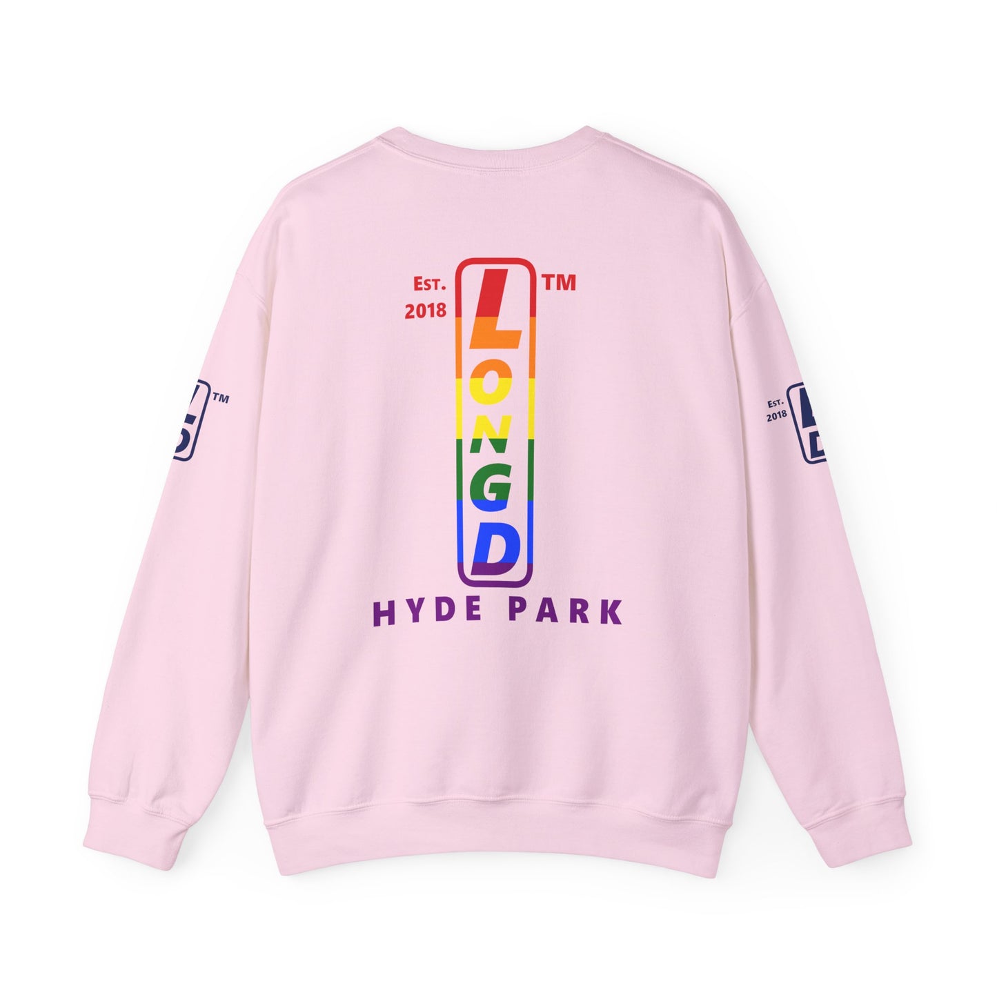 LongD positive horizontal 6-striped Hyde Park 4-print upright logo crewneck sweatshirt (Pride colors)