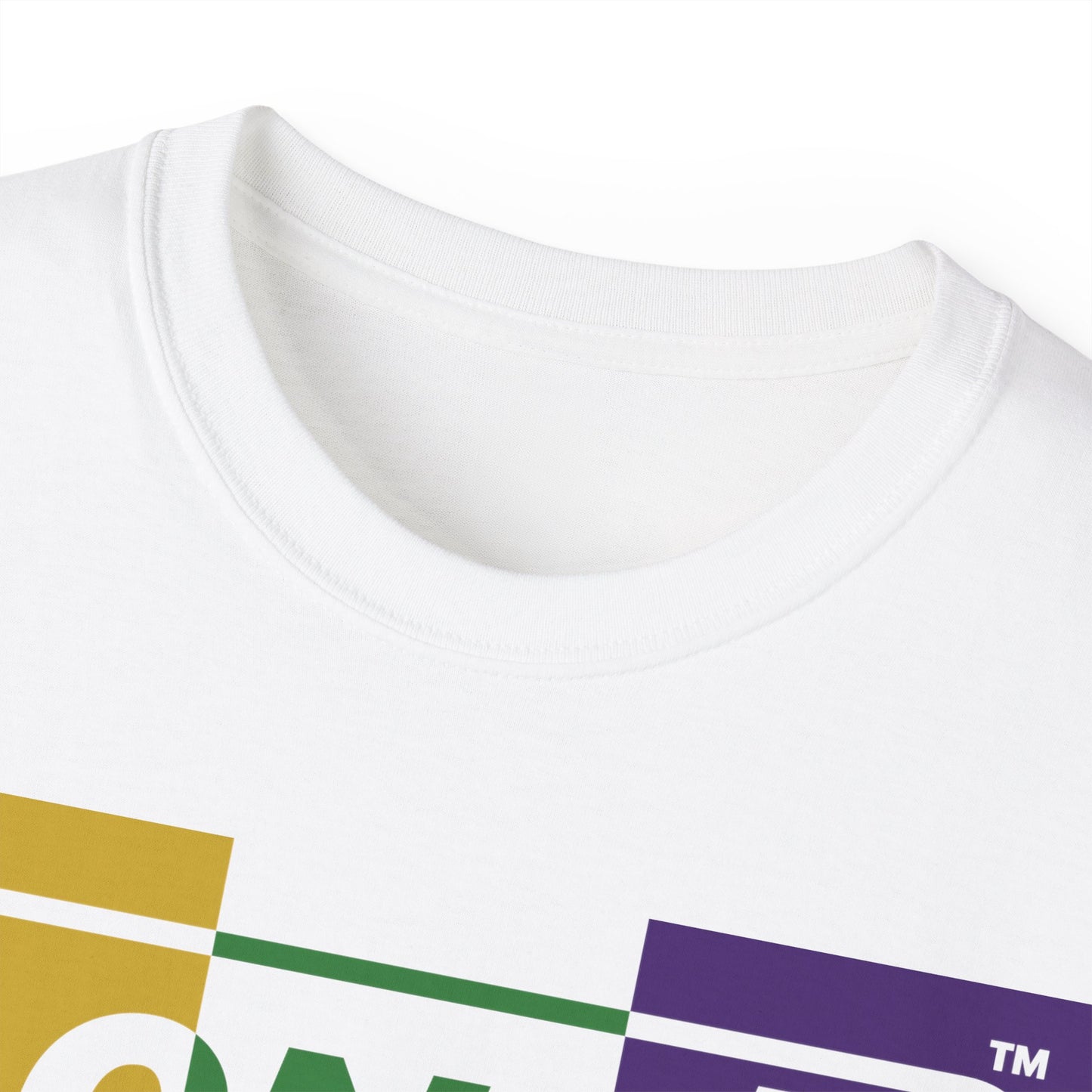 LongD® Logo Cotton Tee (positive center and negative outer Mardi Gras colored text)