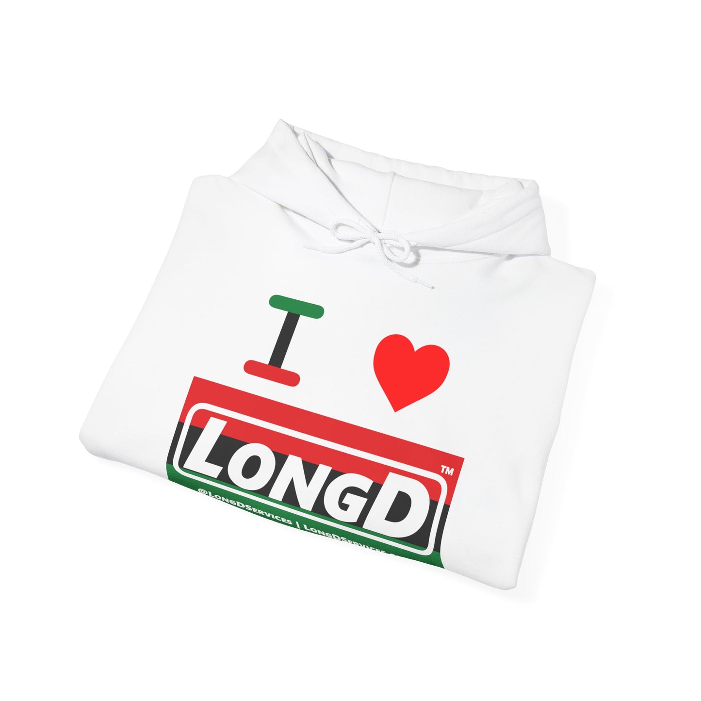 I Luv LongD® Logo Hoodie with Juneteenth striped negative text