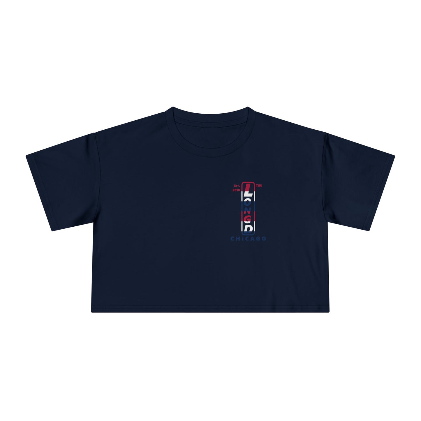 Positive horizontal 6-striped single-breasted upright front-back Chicago logo crop tee (Patriotic colors)