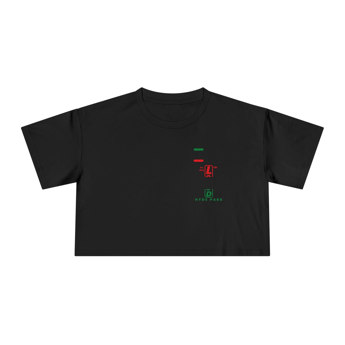 I fist LongD positive horizontal 3-striped upright single-breasted Hyde Park logo crop tee (Juneteenth colors)