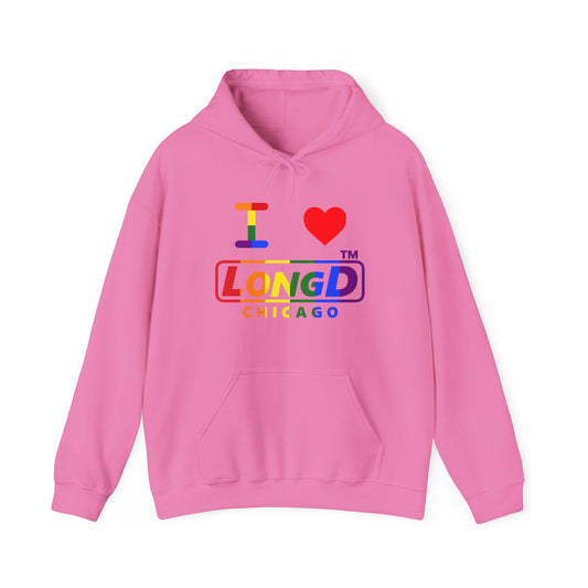 I Luv LongD® positive vertical striped Chicago logo hoodie (Pride colors)