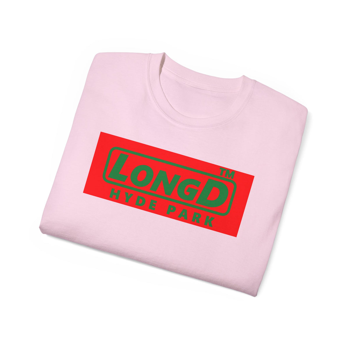LongD Hyde Park logo positive green on negative red (Xmas colors) cotton tee