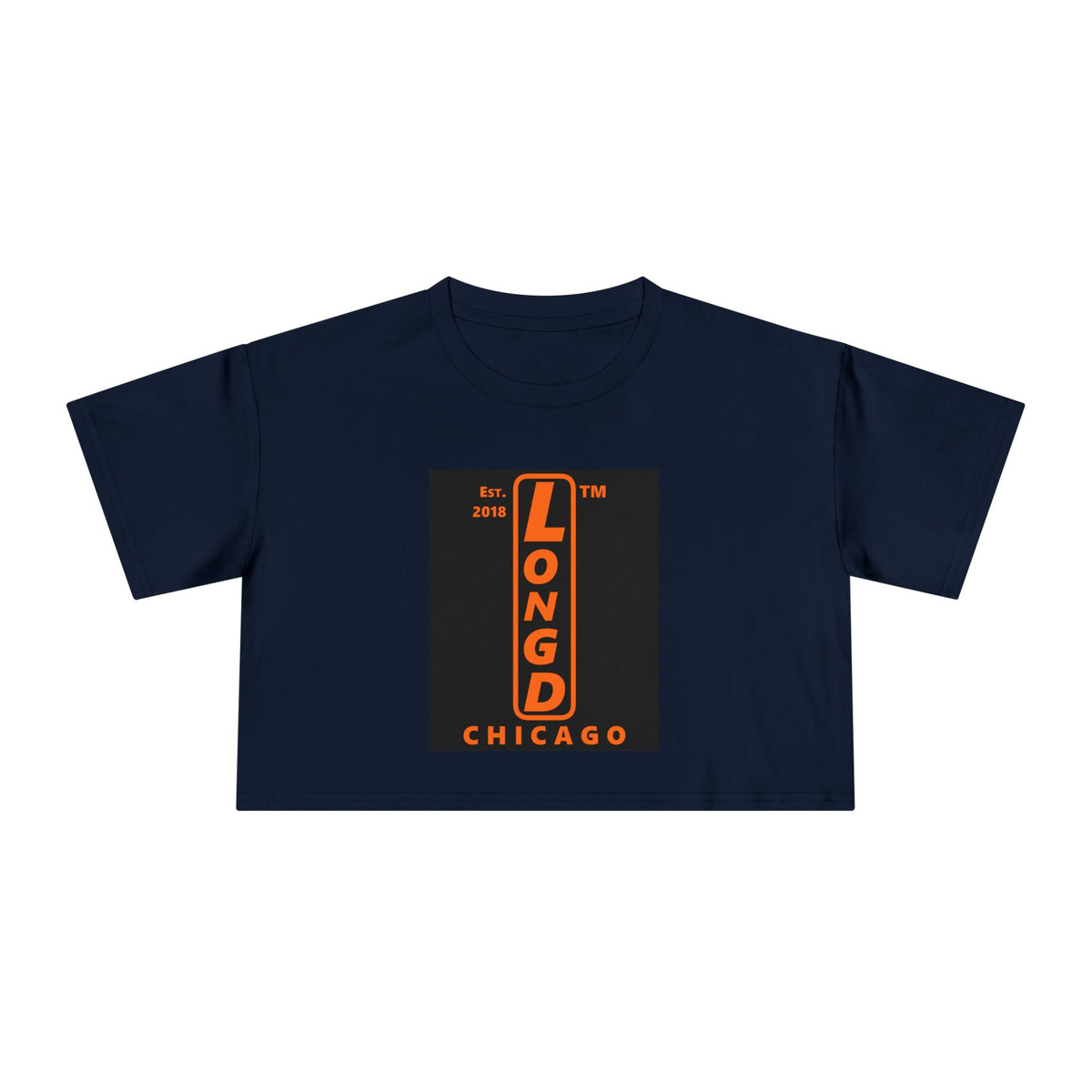 LongD Chicago upright front-back logo orange (FE7518) on Black (000000) crop tee