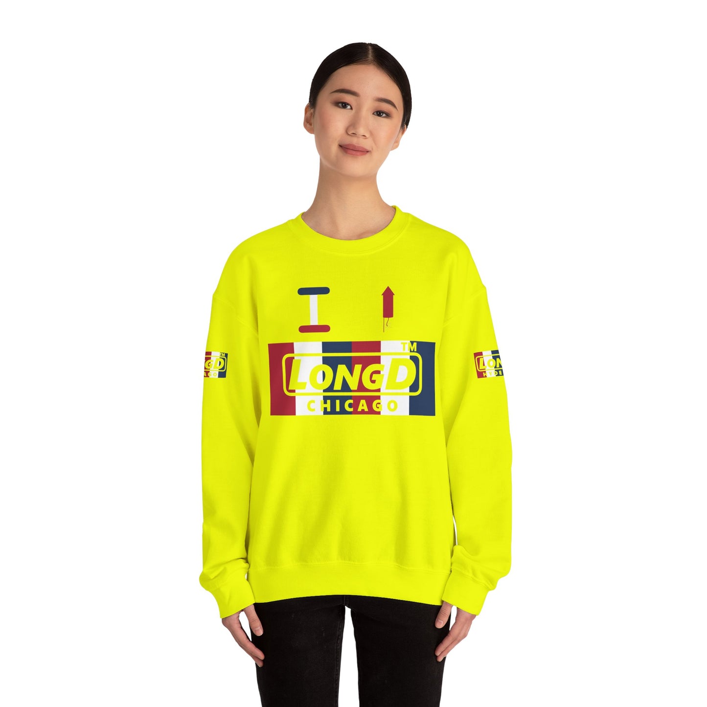 I firecracker LongD positive vertical 6-striped 4-print Chicago logo crewneck sweatshirt