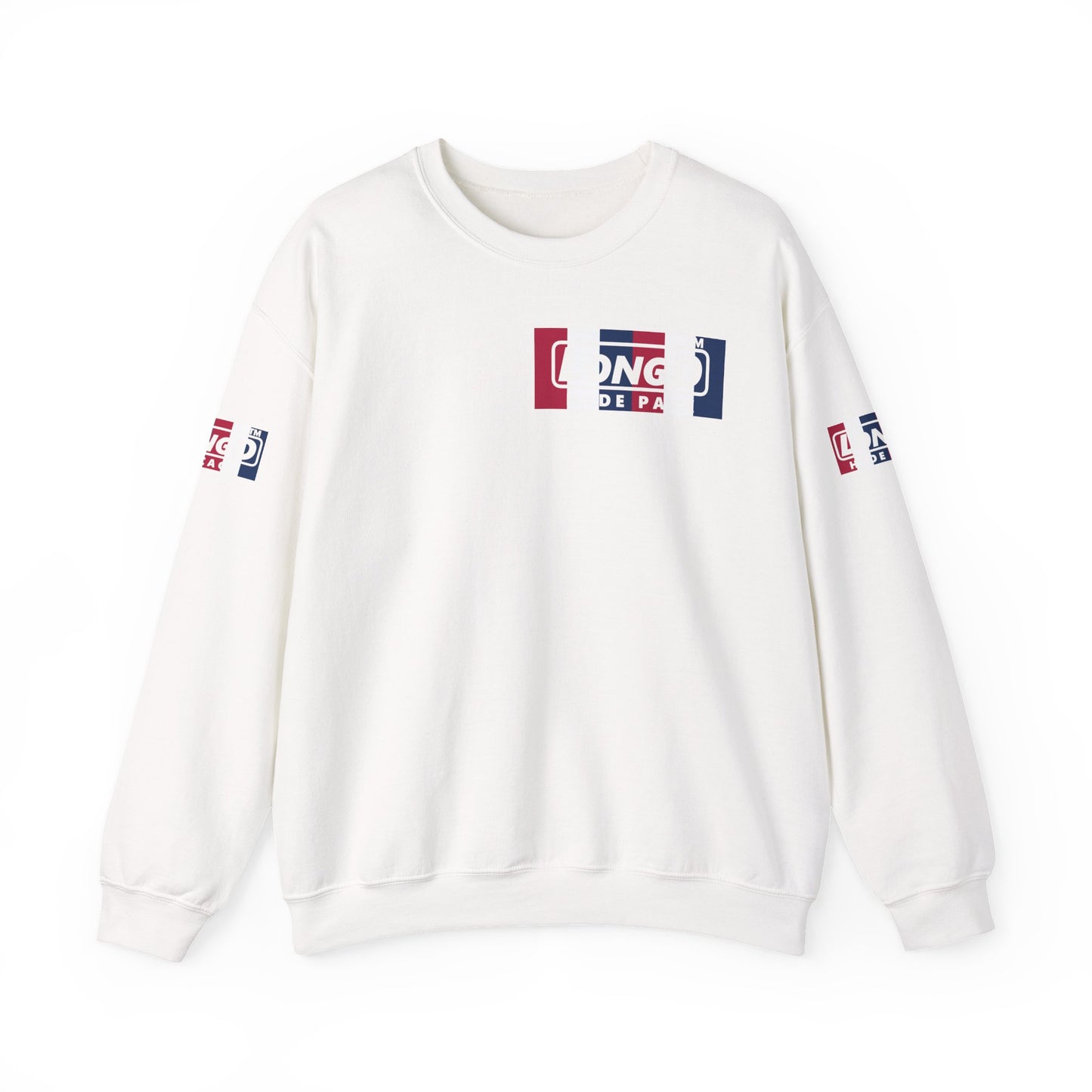 LongD negative vertical 6-striped 4-print single-breasted Hyde Park logo crewneck sweatshirt (patriotic colors)