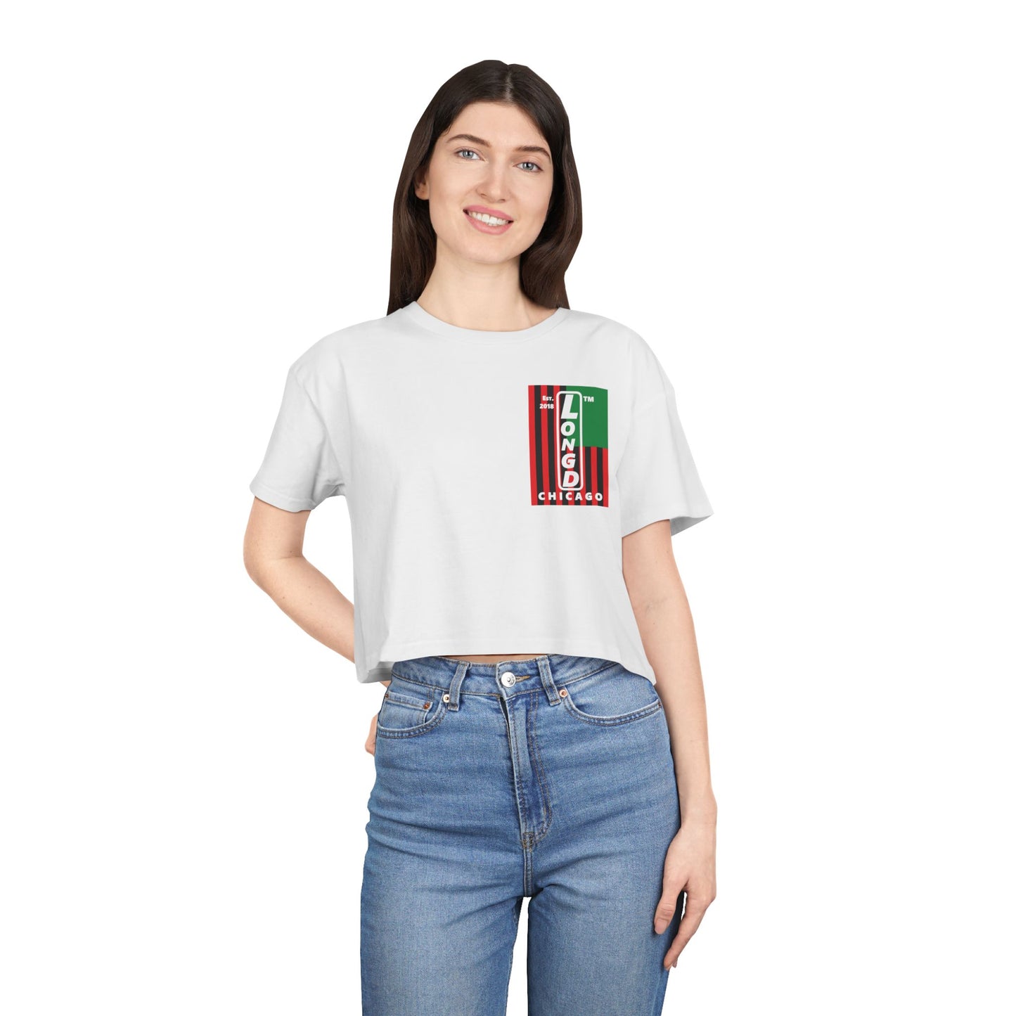 Negative flag upright single-breasted Chicago logo crop tee (Juneteenth colors)