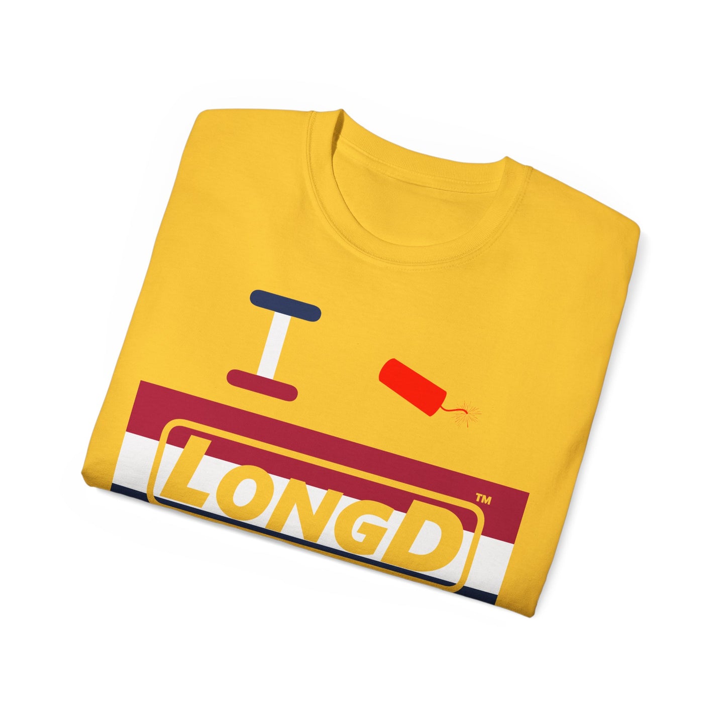 I Firecracker LongD® Logo Cotton Tee Red, White and Blue striped thirds text
