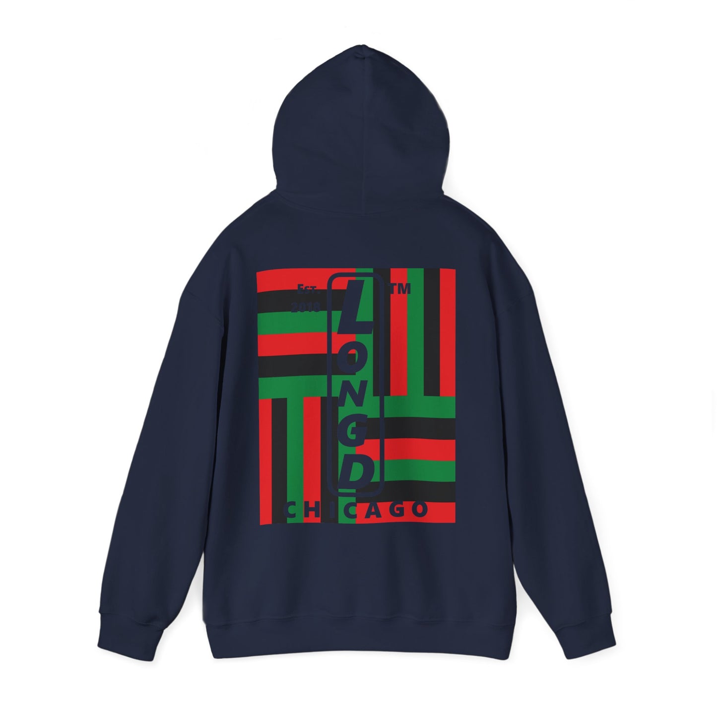 LongD single-breasted negative windmill front-back upright Chicago logo hoodie (Juneteenth colors)