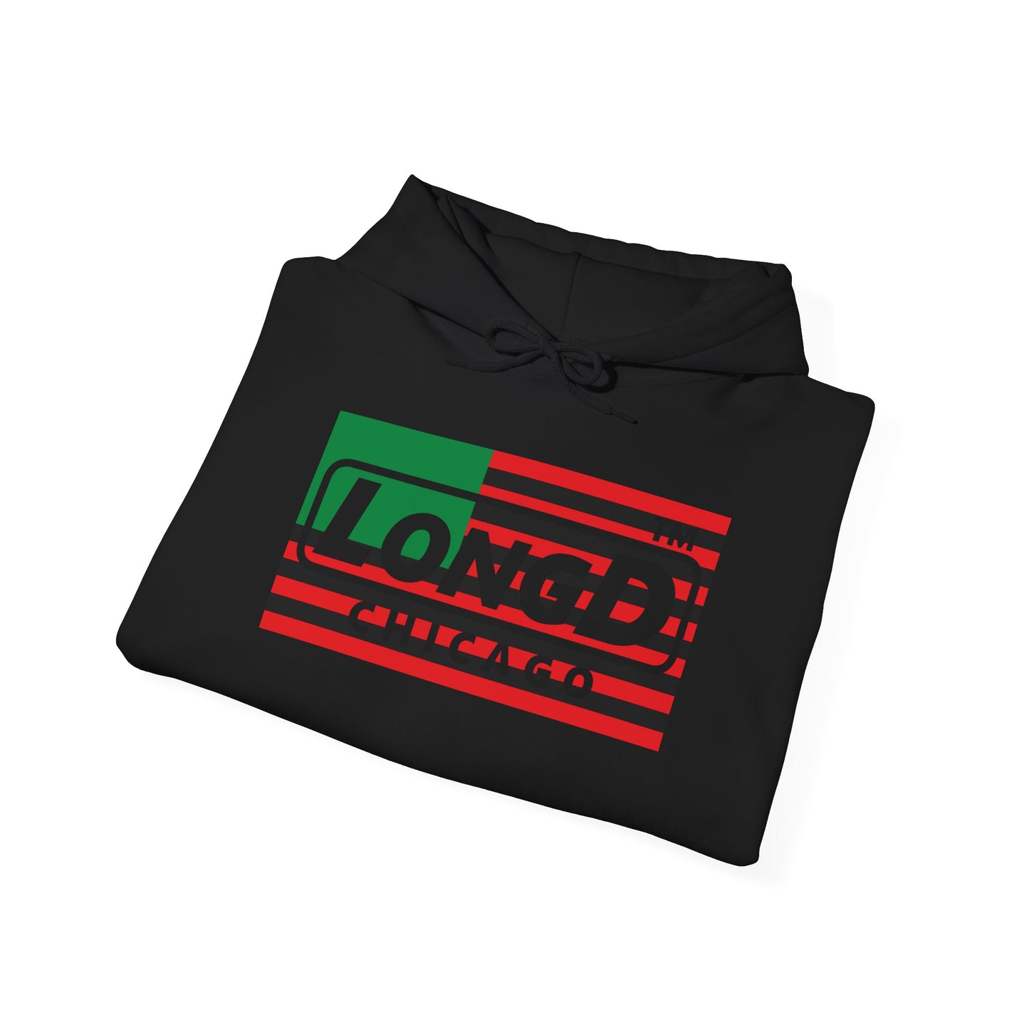 LongD® negative flag Chicago logo Hoodie (Juneteenth colors)