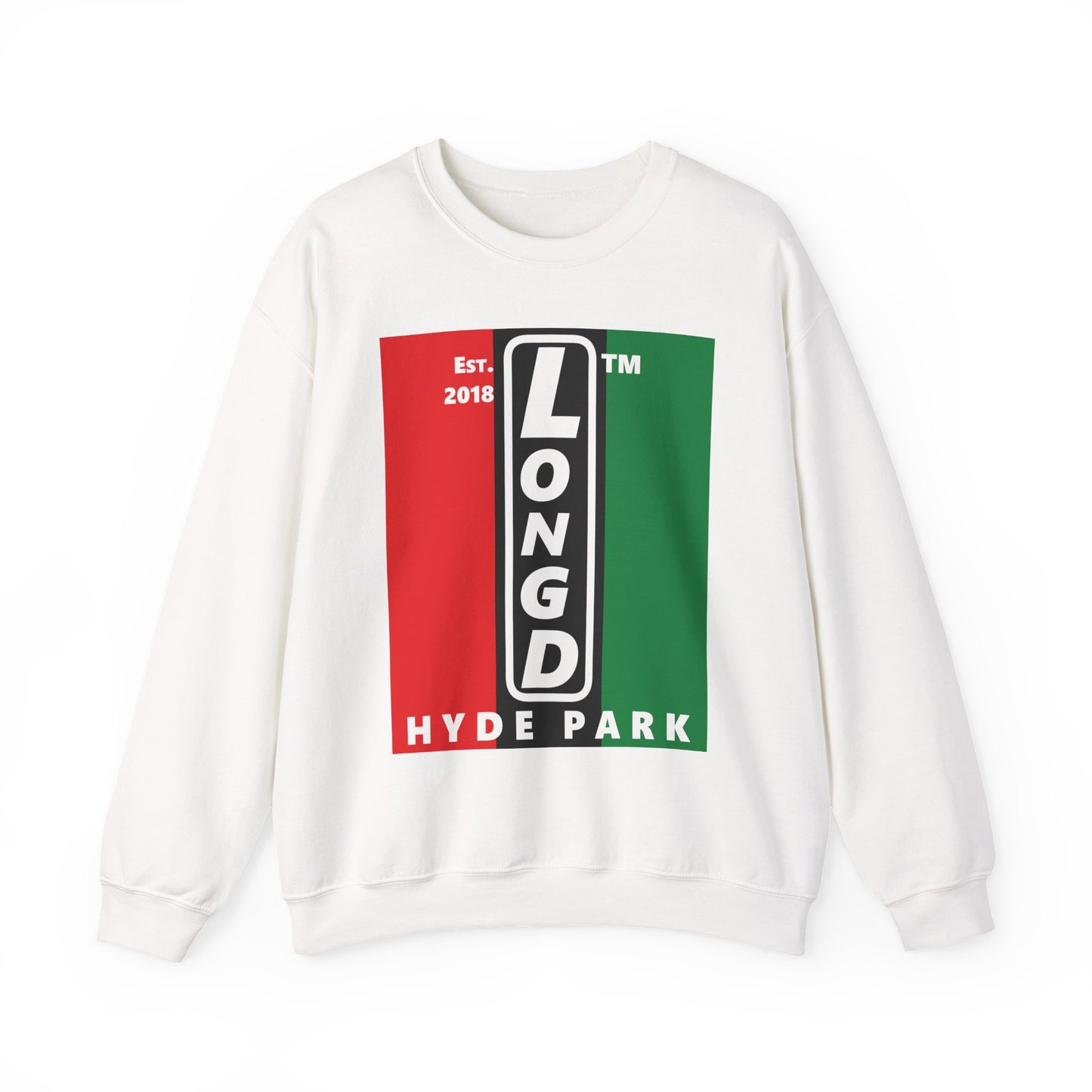 LongD negative vertical 3-striped Hyde Park upright logo crewneck sweatshirt (Juneteenth colors)