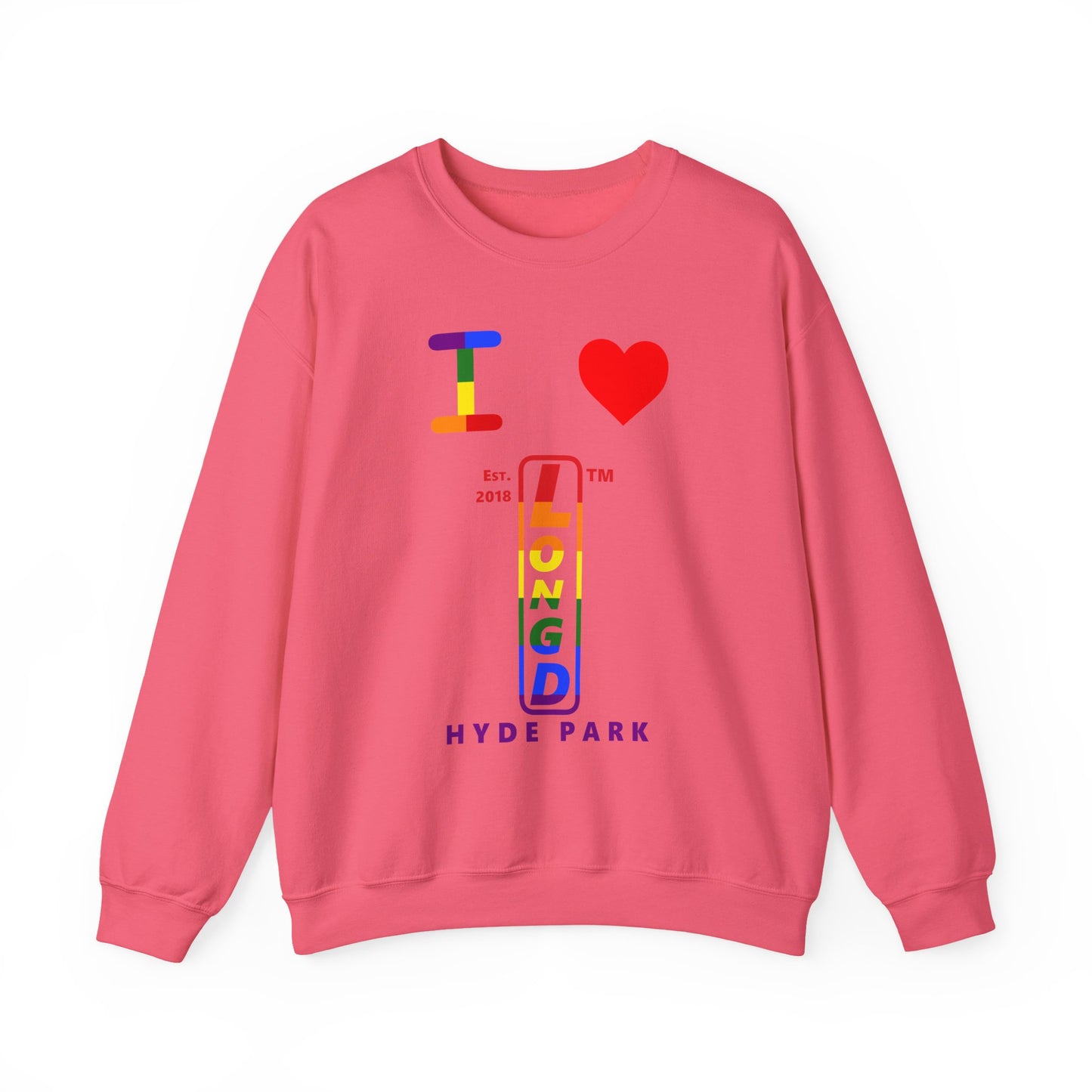 I Luv LongD positive horizontal 6-striped Hyde Park upright logo crewneck sweatshirt (Pride colors)