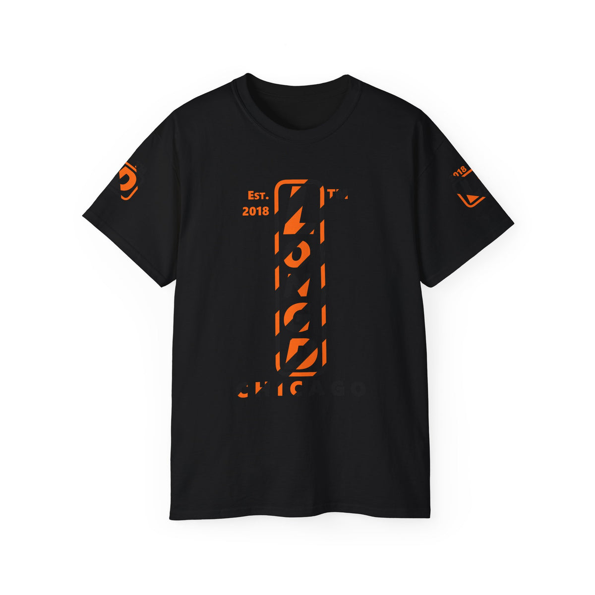 LongD Chicago positive upright pixel-weighted 12-striped 4-print logo (Halloween colors) cotton tee