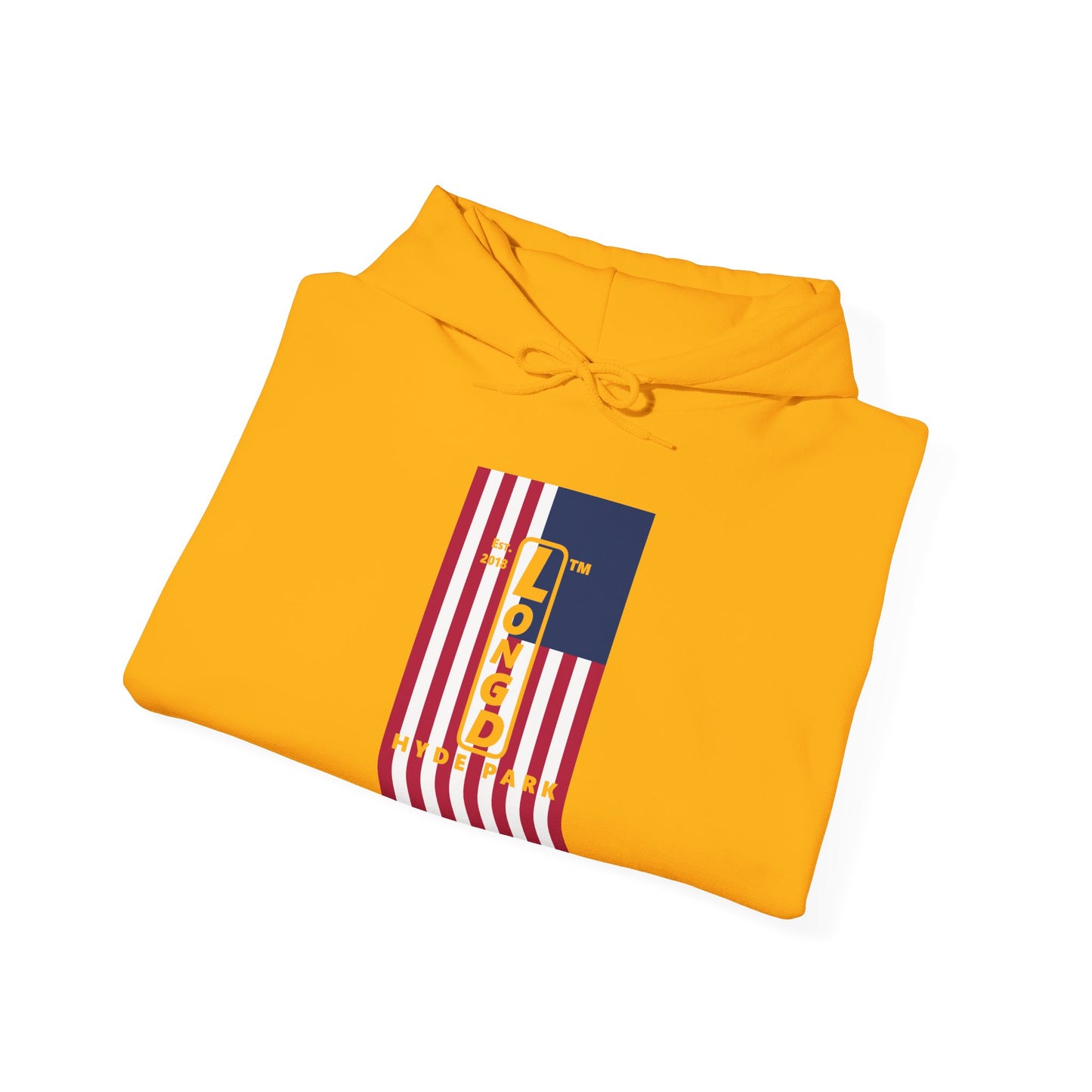 LongD® negative flag upright Hyde Park logo hoodie (Patriotic colors)