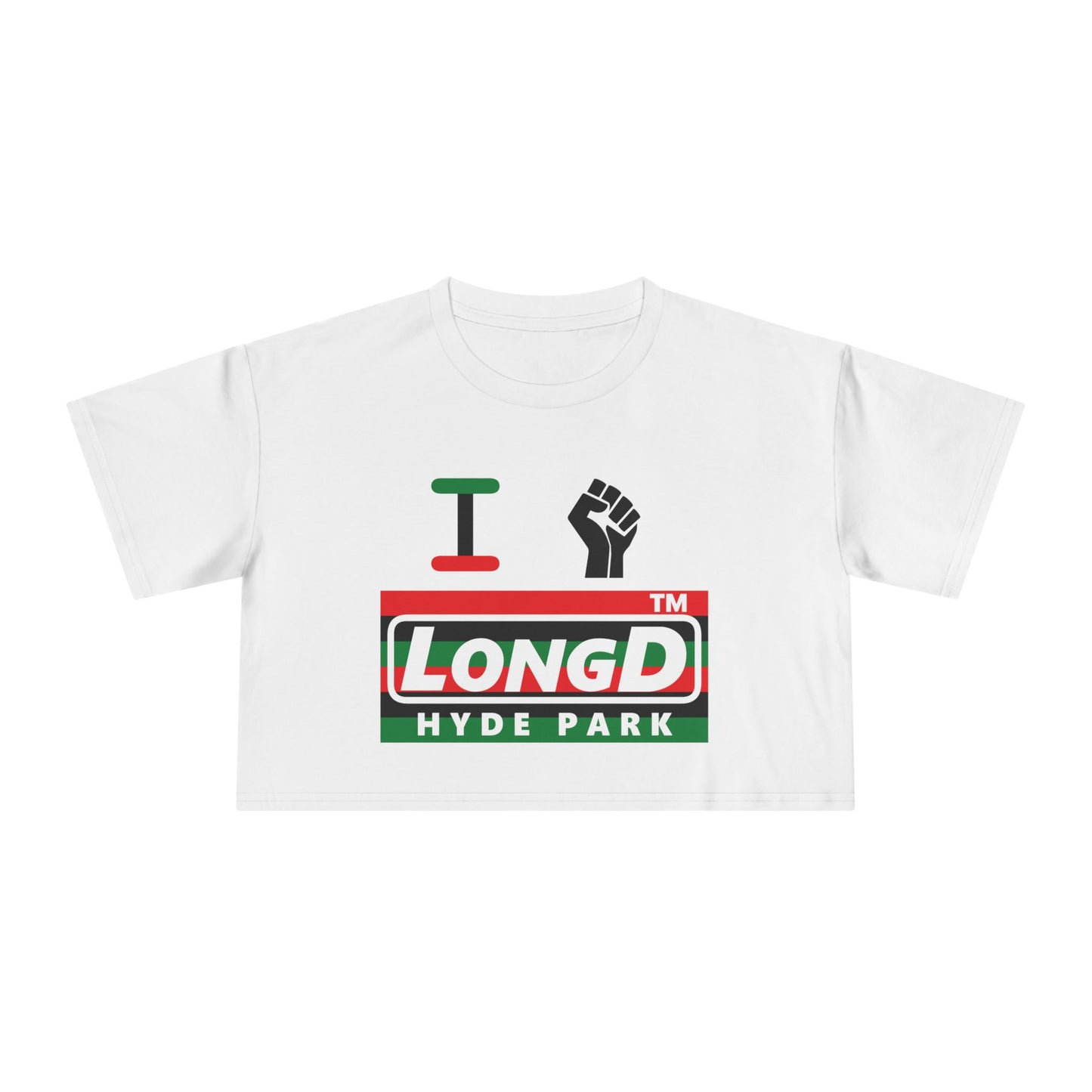 I fist LongD negative horizontal 6-striped front-back Hyde Park logo crop tee