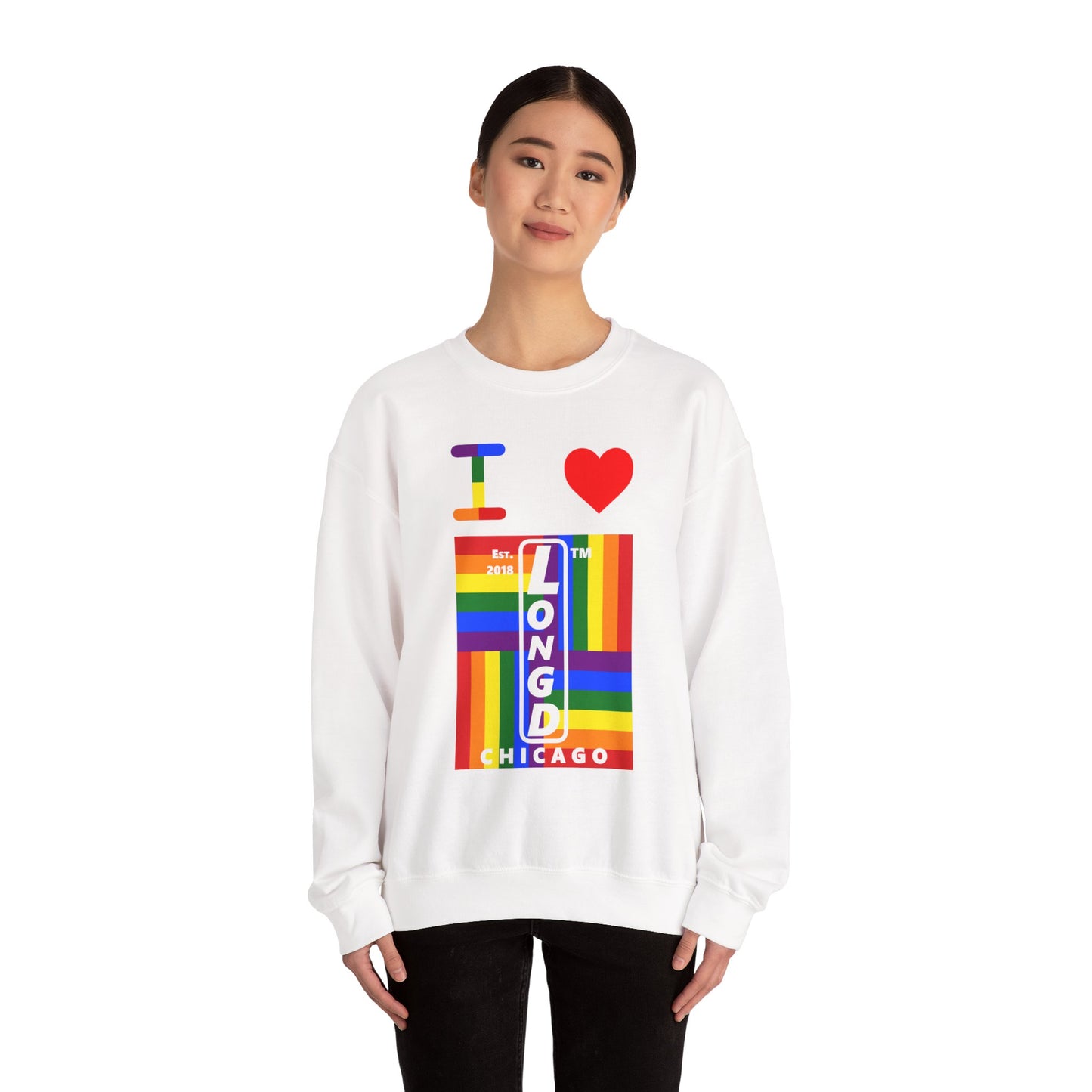 I Luv LongD negative windmill Chicago upright front-back logo crewneck sweatshirt