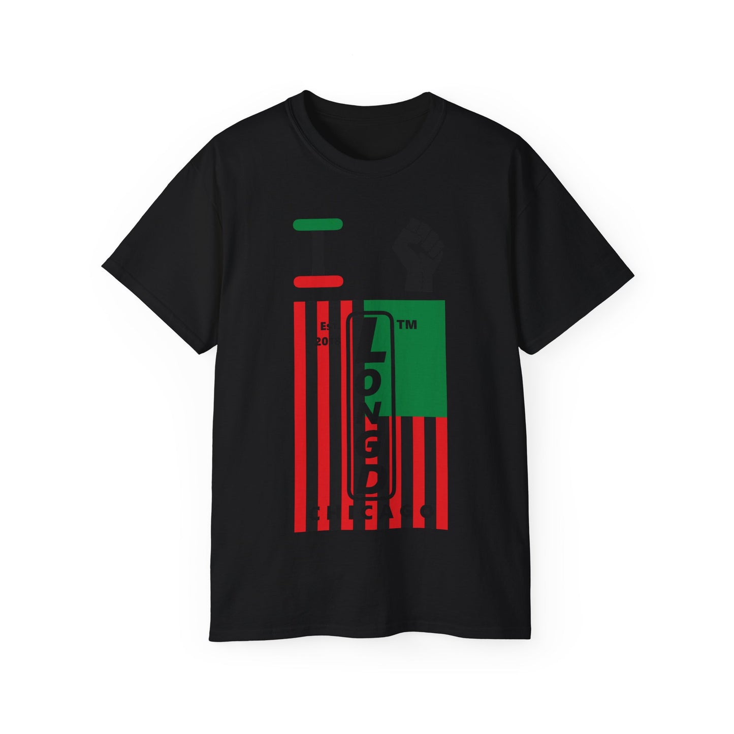 I fist LongD Cotton Tee negative flag Chicago upright logo (Juneteenth colors)