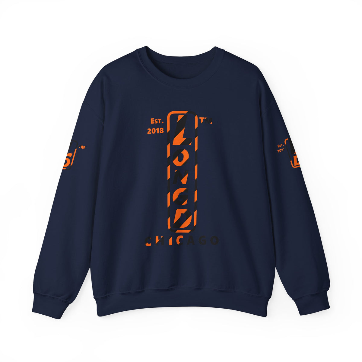LongD Chicago positive upright pixel-weighted 12-striped 4-print logo (Halloween colors) crewneck sweatshirt