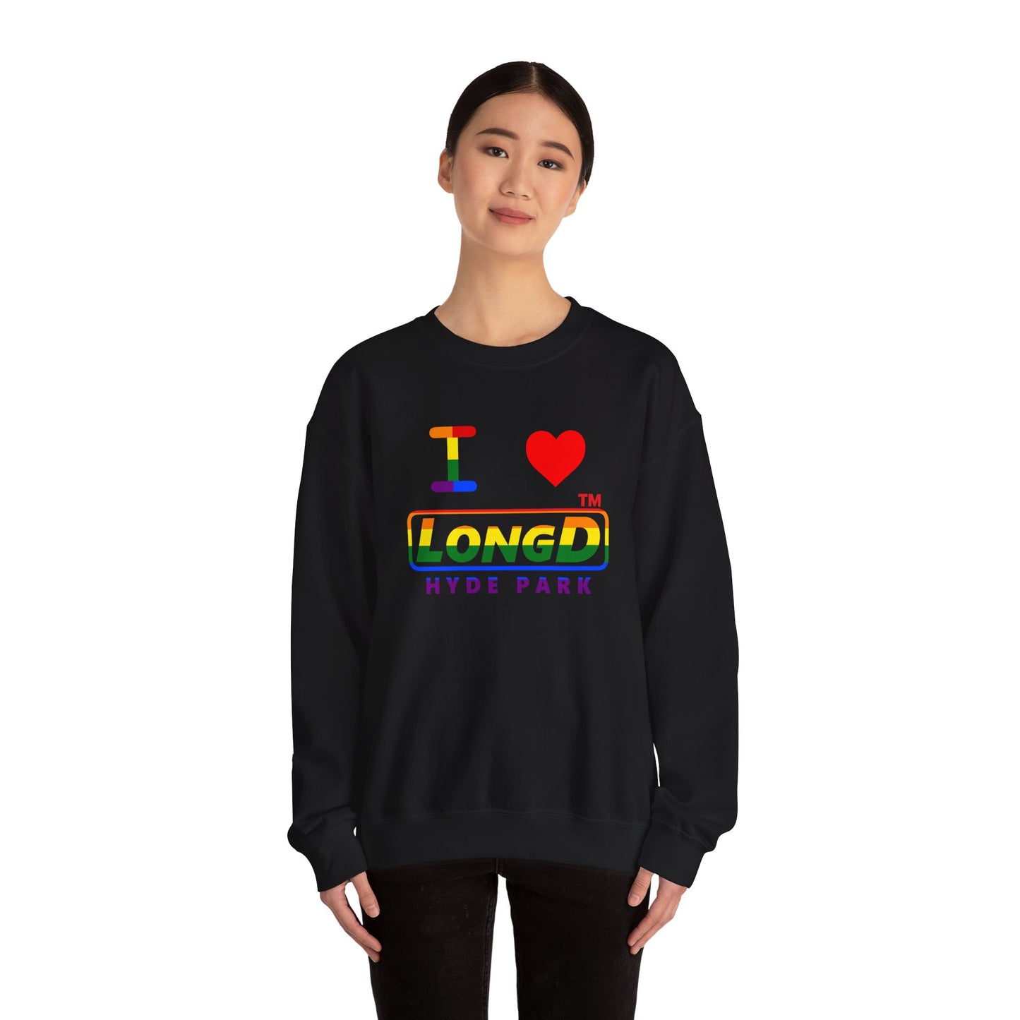 I Luv LongD positive horizontal striped front-back Hyde Park logo crewneck sweatshirt (Pride colors)