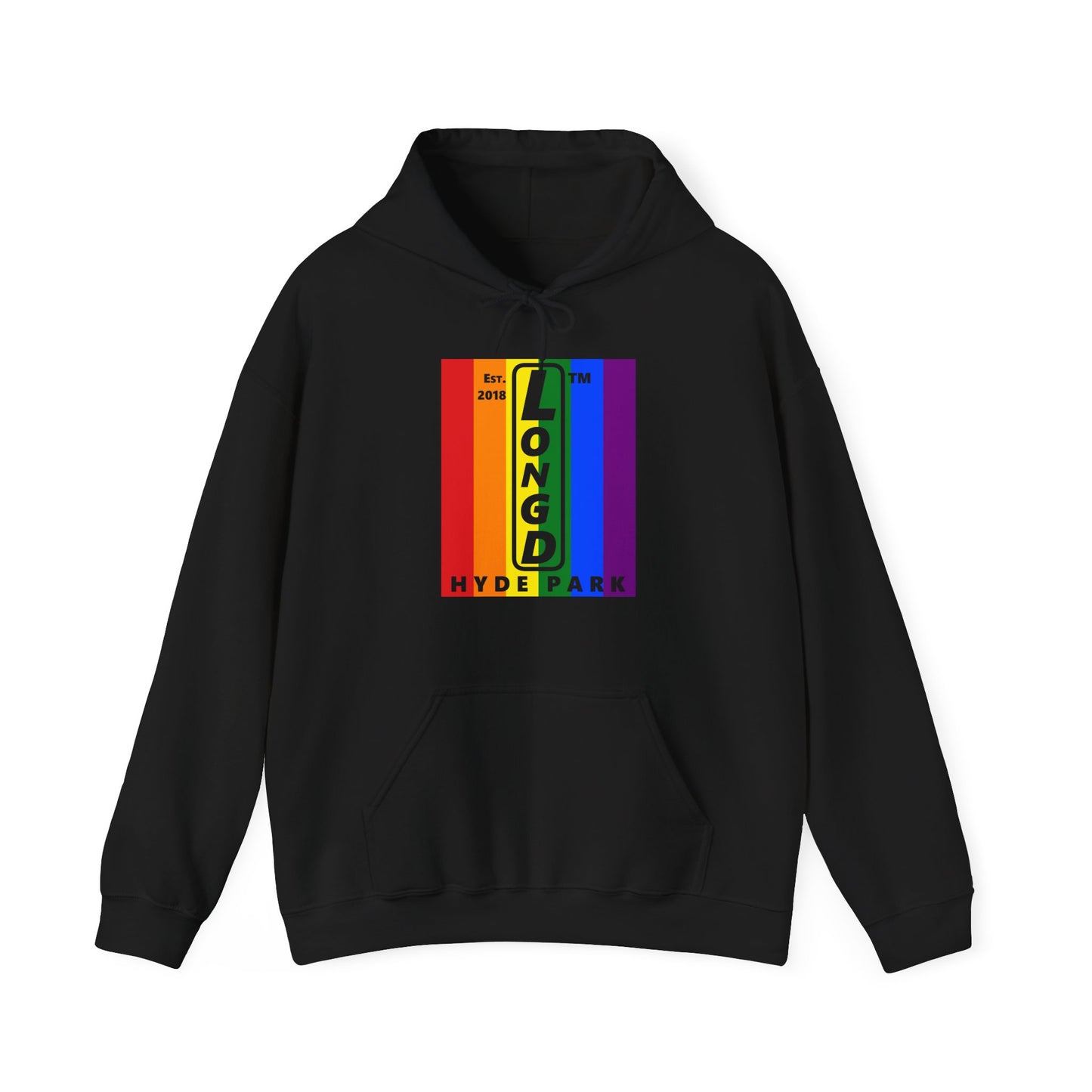 LongD® negative vertical 6-striped upright Hyde Park logo hoodie (Pride colors)