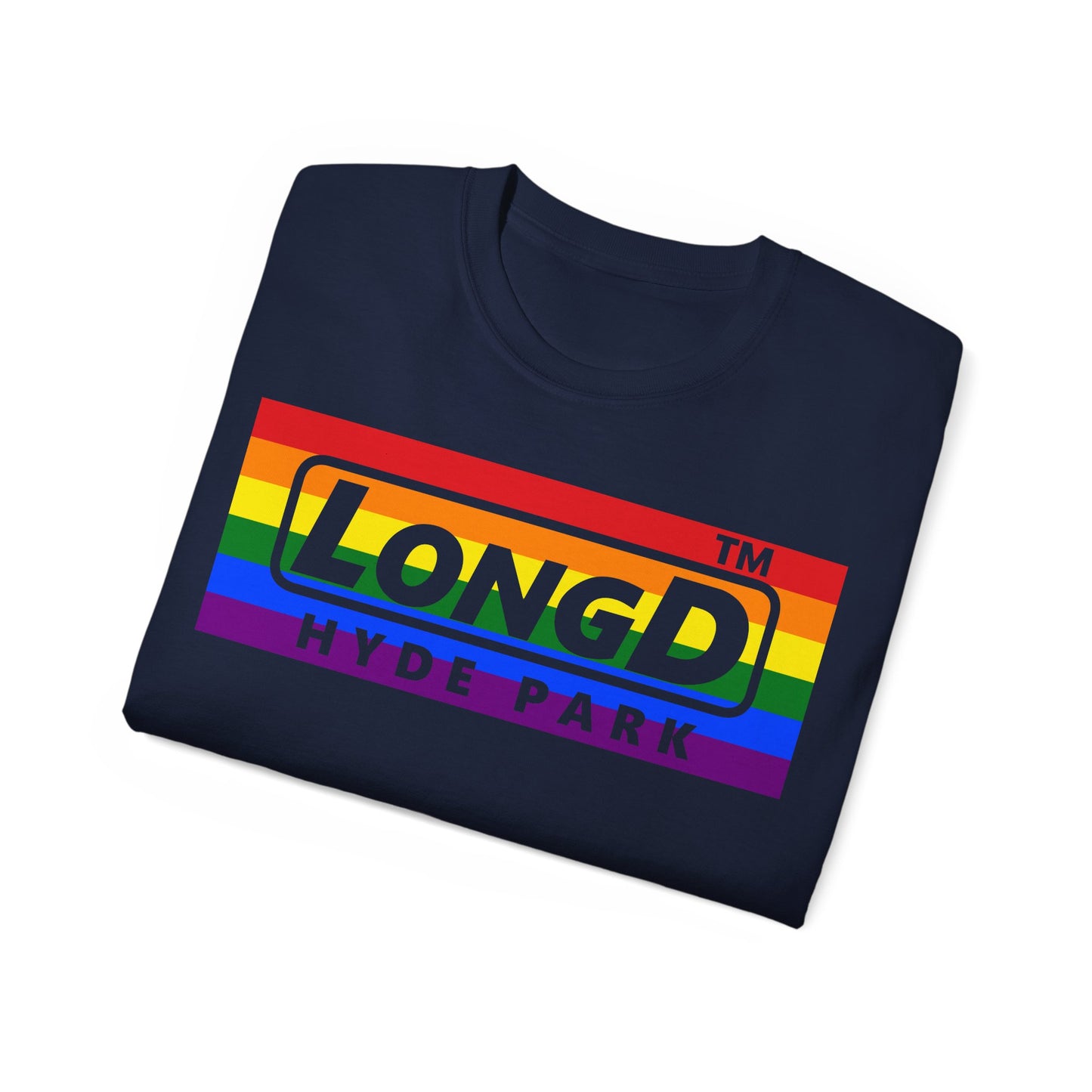 LongD negative horizontal striped Hyde Park logo cotton tee (Pride colors)