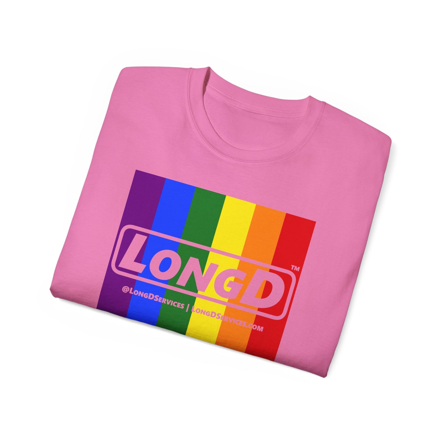 LongD® Logo Cotton Tee Pride rainbow vertical flag negative text