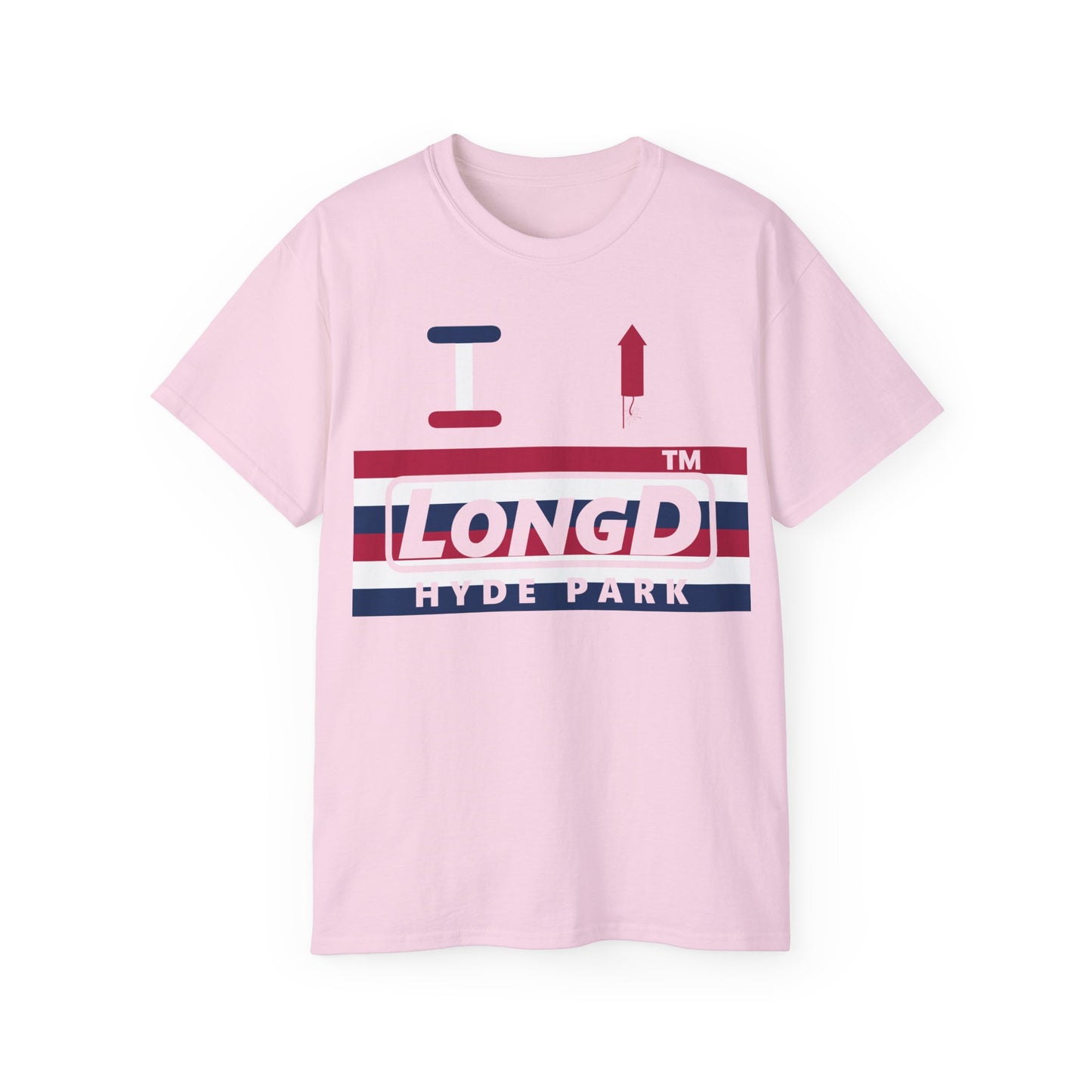 I firecracker LongD negative horizontal 6-striped Hyde Park logo cotton tee