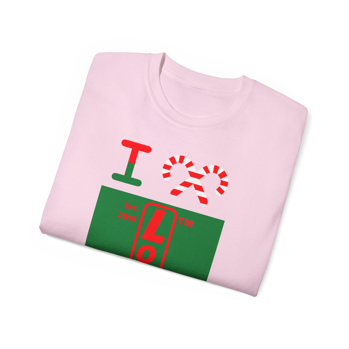 I candy cane LongD Hyde Park upright front-back logo positive red on negative green cotton tee