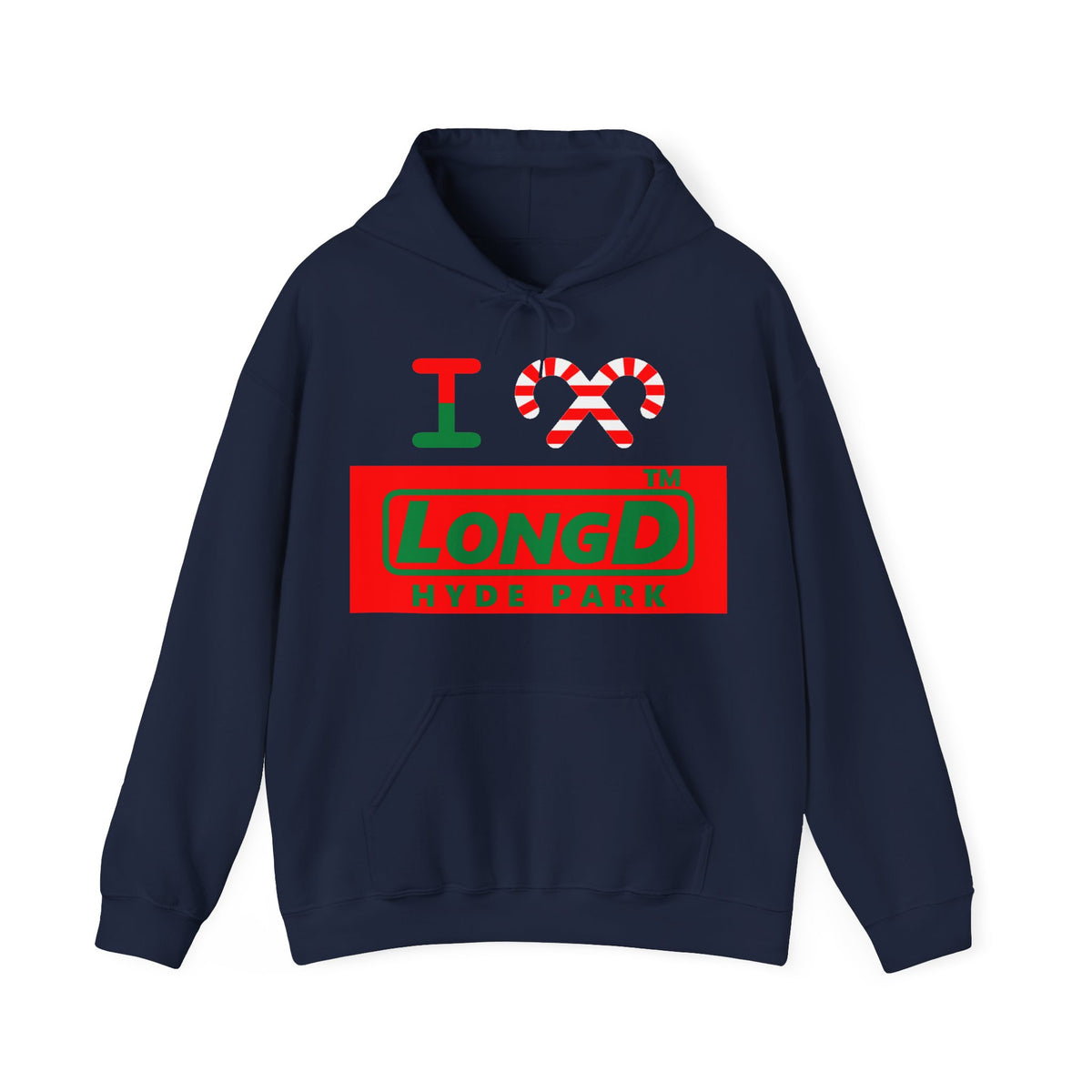 I candy cane LongD Hyde Park logo positive green on negative red hoodie