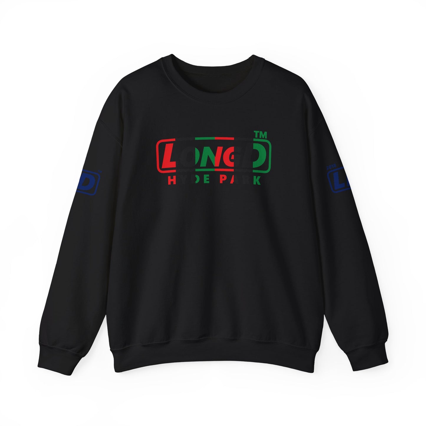 LongD positive vertical 6-striped 4-print Hyde Park logo crewneck sweatshirt (Juneteenth colors)